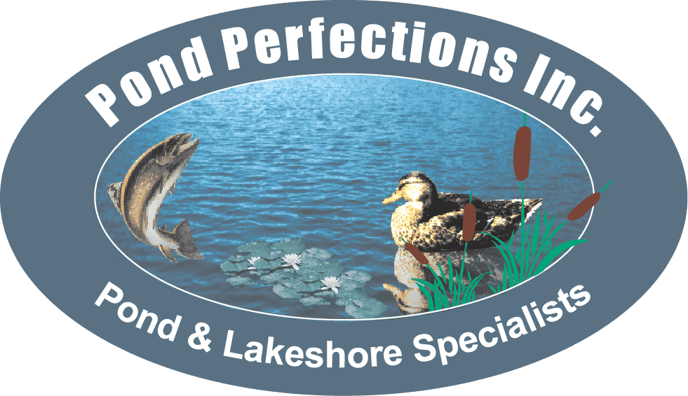 Logo of Pond Perfections Inc., featuring an oval design with a lake scene, a jumping fish, a duck, lily pads, and cattails. The text reads "Pond Perfections Inc." at the top and "Pond & Lakeshore Specialists" at the bottom.