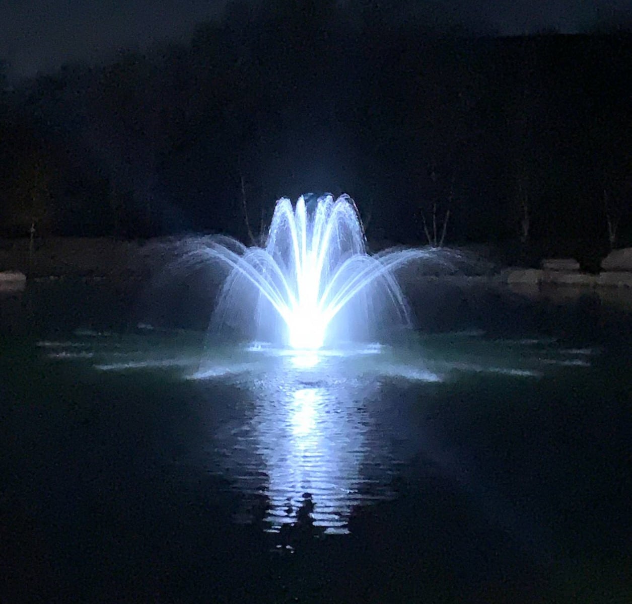 Fountain with Lights - Pond Perfections Illuminated fountain with lights creating a beautiful water display at night.