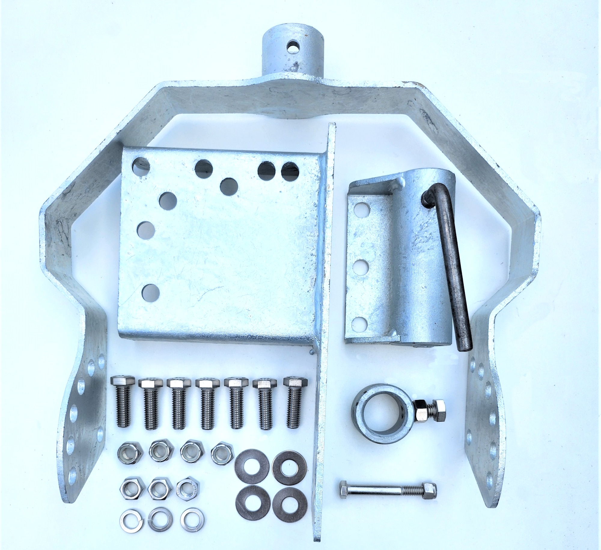 Galvanized Dock Mount Parts - Pond Perfections Galvanized dock mount parts set with bolts, washers, and mounting plate.