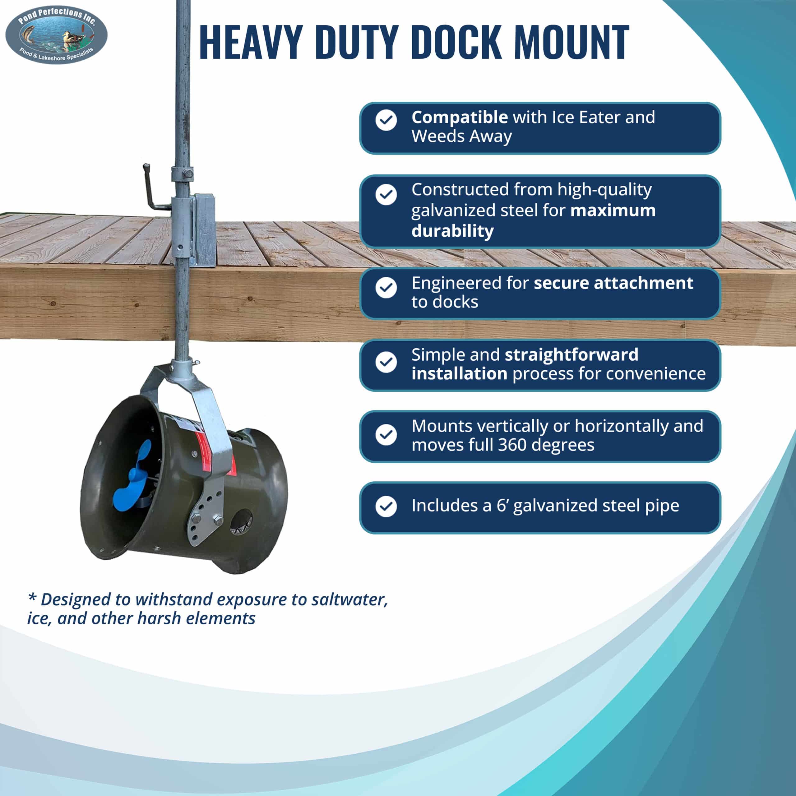 IMG_2864 - Pond Perfections Heavy duty dock mount information sheet with product features for secure dock installation.