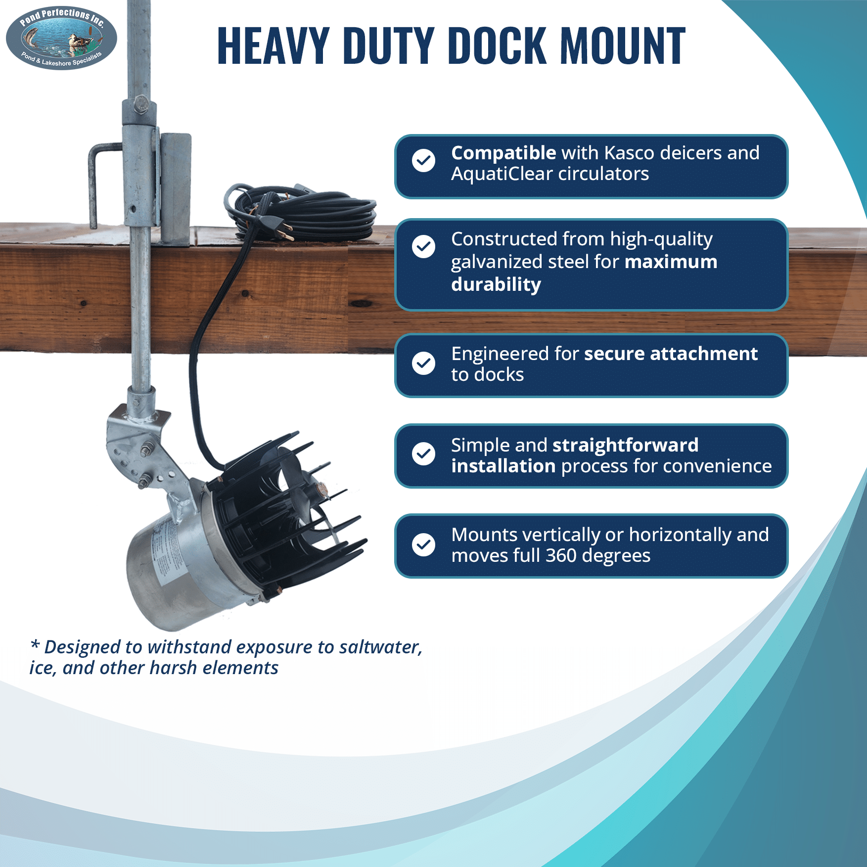 Image_20231209_005443_993 - Pond Perfections Heavy duty dock mount with adjustable features and installation details for secure pond or lake dock setups.