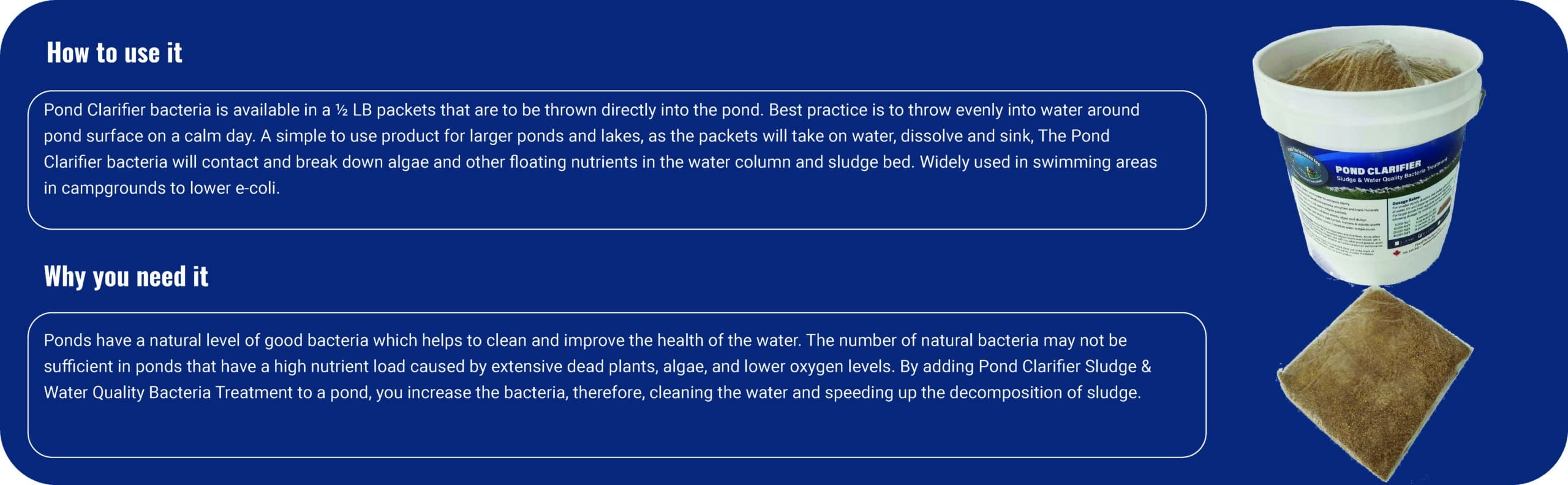 PP Banner 4-01 - Pond Perfections Text instructions on a blue background explaining the usage and benefits of a pond clarifier.