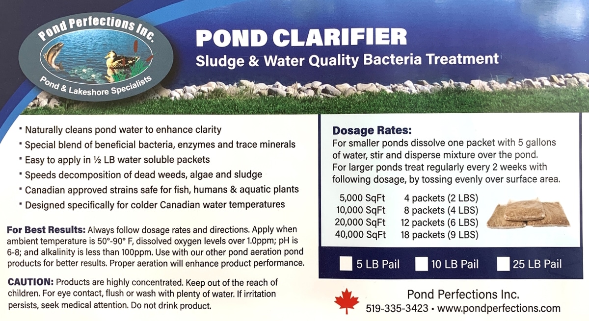 Pond Clarifier Label 1200x655 - Pond Perfections Pond Clarifier label detailing sludge and water quality bacteria treatment with dosage rates and benefits.