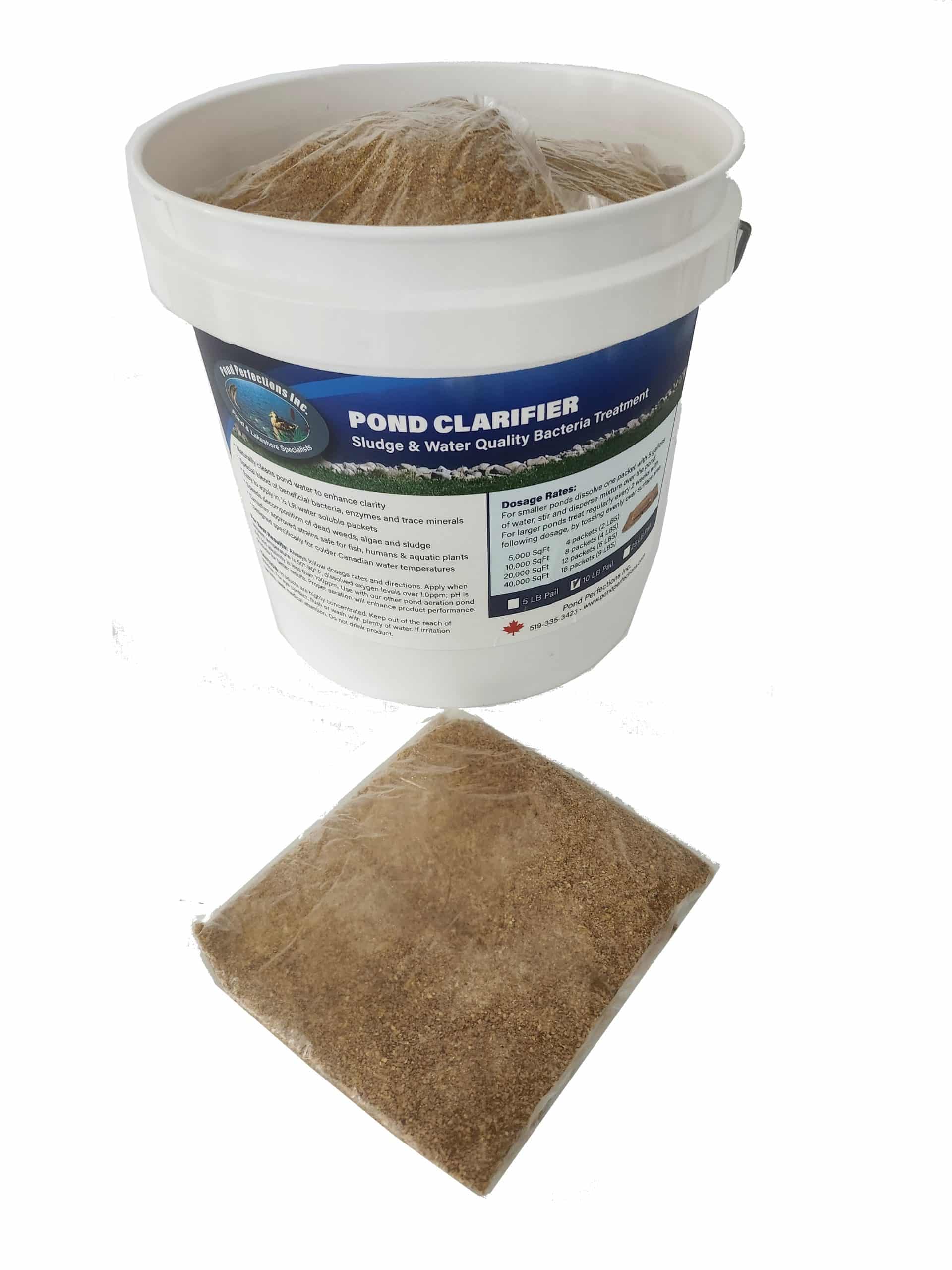 Pond Clarifier open with packets - Pond Perfections Pond Clarifier 10LB pail with 1/2 LB water-soluble packets for sludge and water quality treatment.
