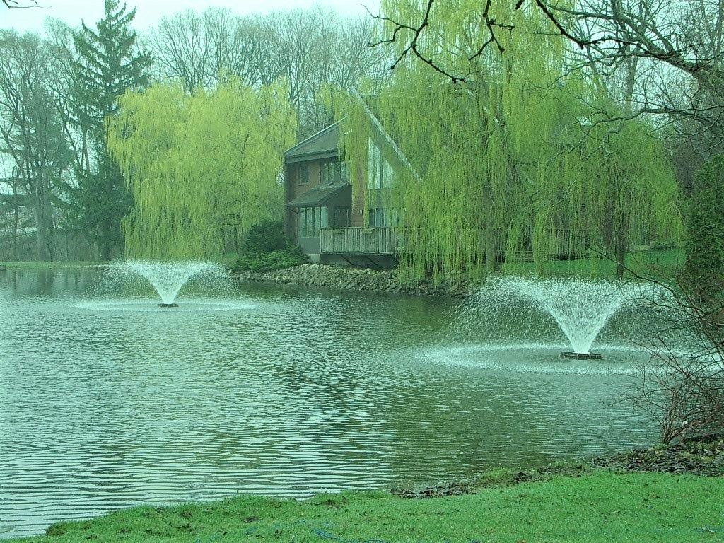 PowerHouseFountain-F1000F - Pond Perfections Power House F1000F Pond and Lake Fountain creating stunning water displays in a lush green setting.