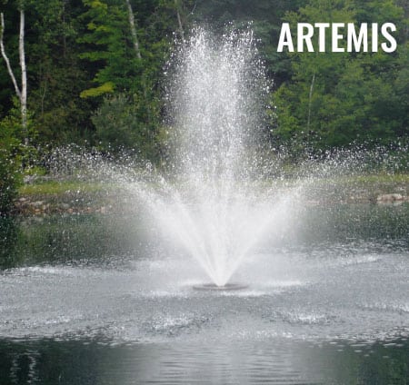 Artemis-Nozzle-450x424-1.jpg - Pond Perfections Artemis fountain nozzle creating a symmetrical and striking water display in a pond.