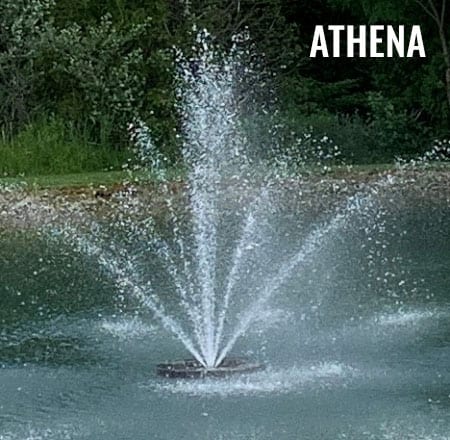 Athena-Nozzle-450x440-1.jpg - Pond Perfections ATHENA fountain nozzle creating a decorative spray pattern in a pond.