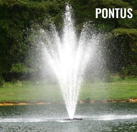 Pontus-Nozzle-450x454-1.jpg - Pond Perfections Pontus fountain nozzle creating a dynamic and tall water display in a pond.